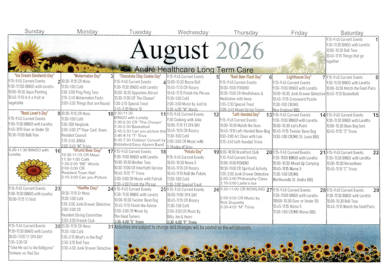 August 2026 Activity Calendar Long Term Care