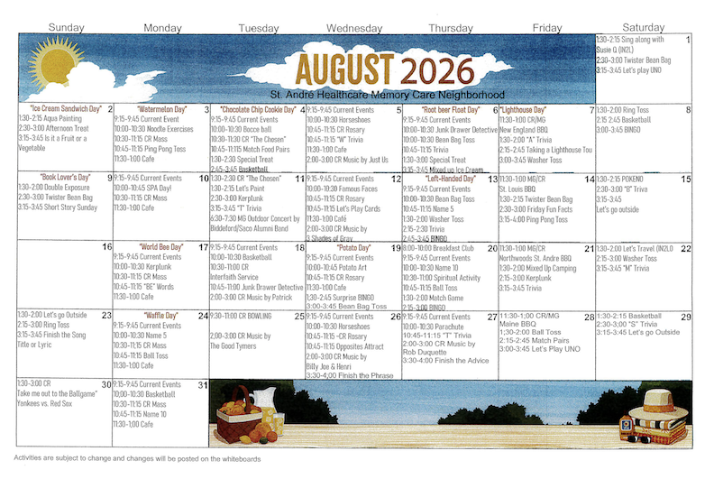 August 2026 Memory Care Neighborhood Activity Calendar